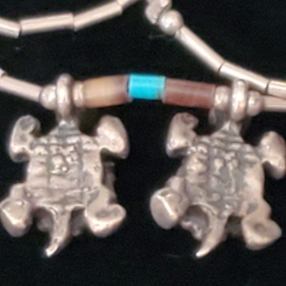 Two Turquoise Turtles Southwest Silver Bead Necklace Boho - Picture 8 of 11